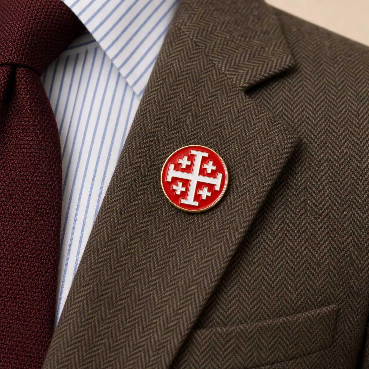 Jerusalem Cross, Red/White lapel pin worn on the brown herringbone sport coat