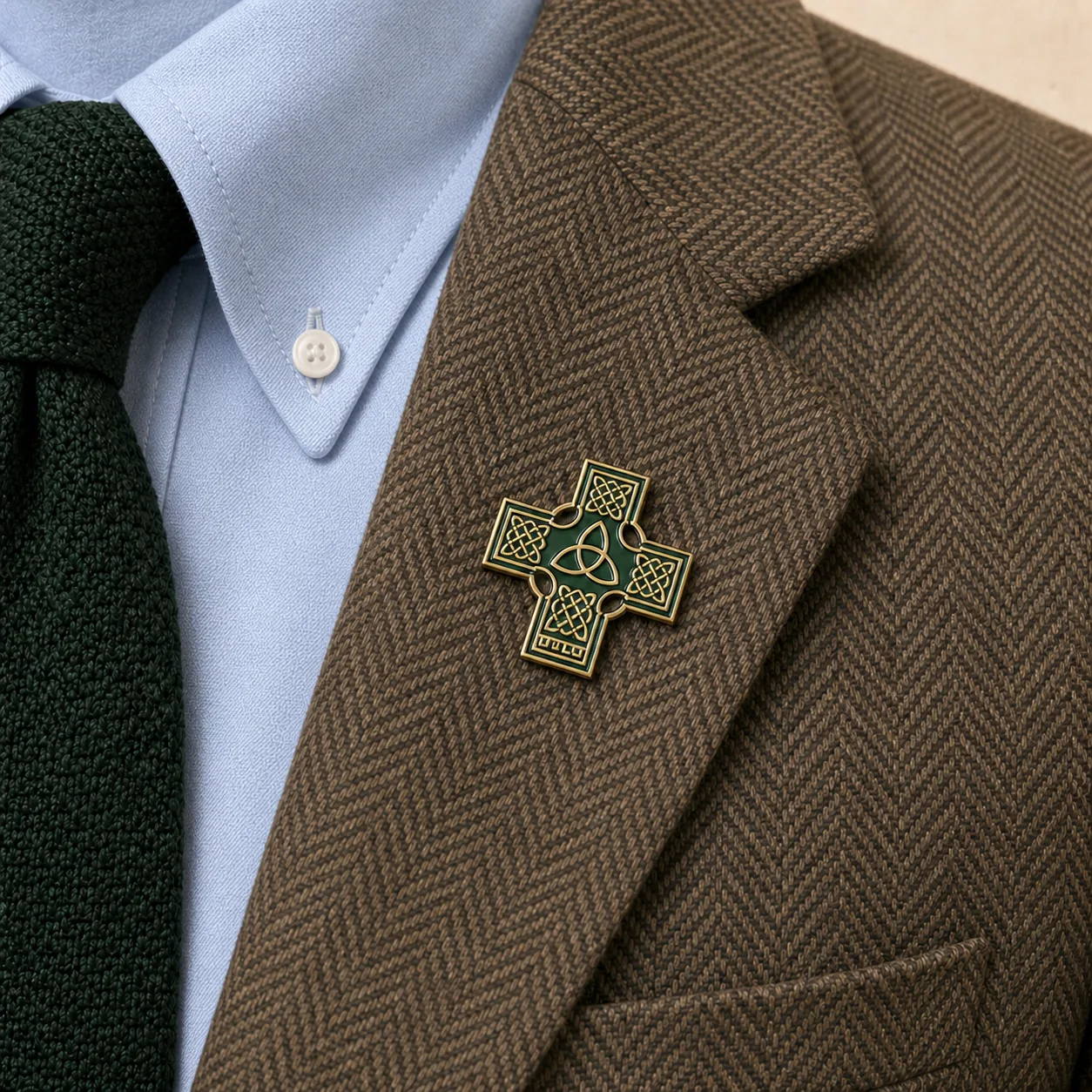 Celtic Cross / Trinity Knot lapel pin worn on the brown herringbone sport coat