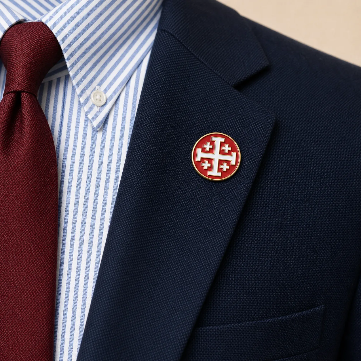Jerusalem Cross, Red/White lapel pin worn on the navy blazer