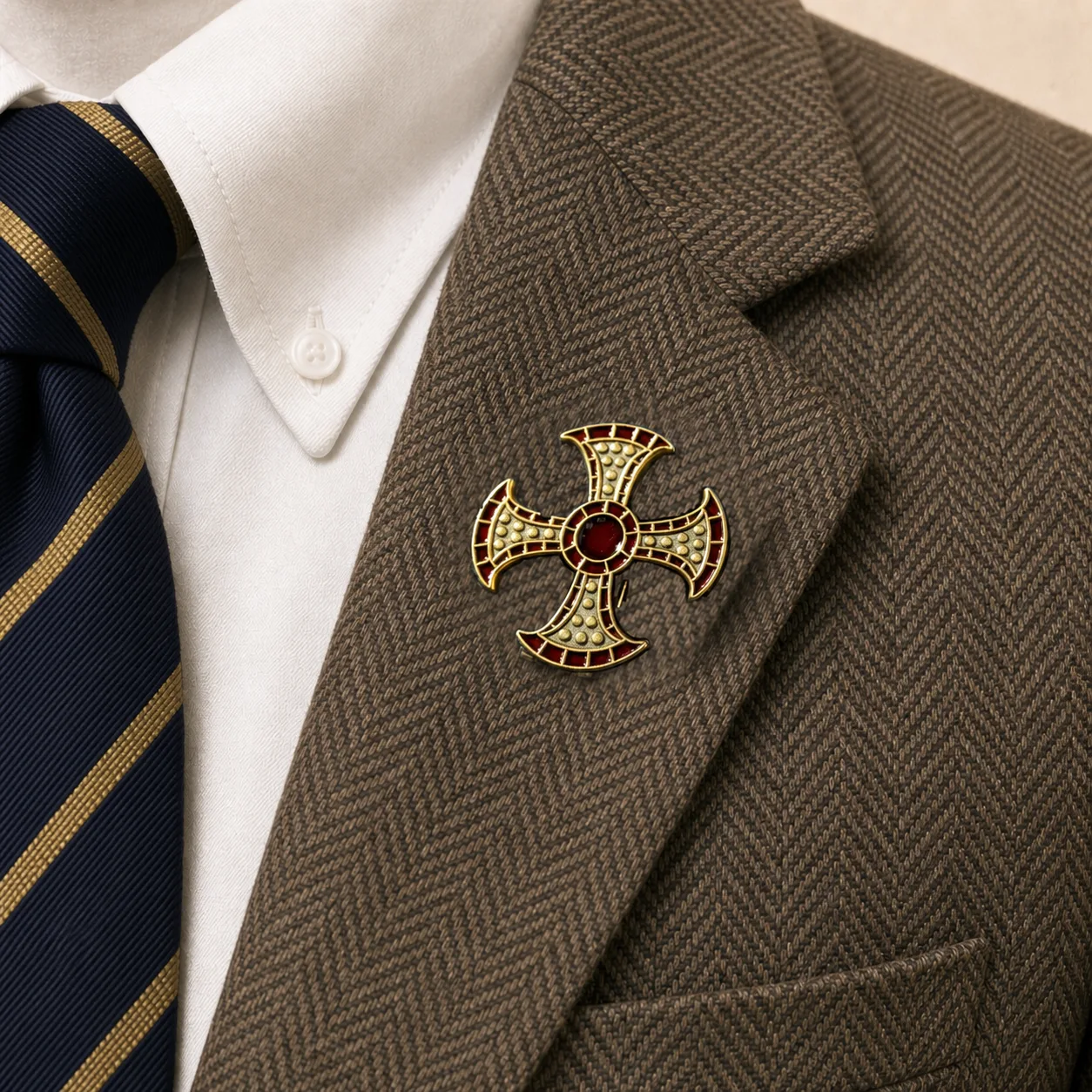 Anglo-Saxon Cross lapel pin worn on the brown herringbone sport coat