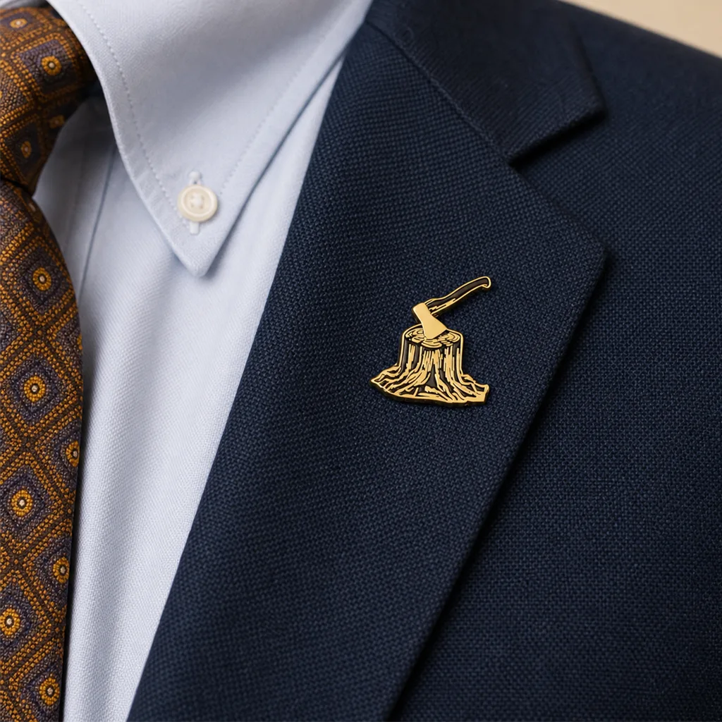 Boniface 2.0 lapel pin worn on the navy blazer