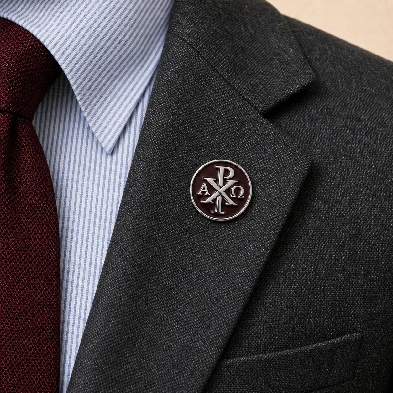 Chi Rho lapel pin worn on the gray blazer