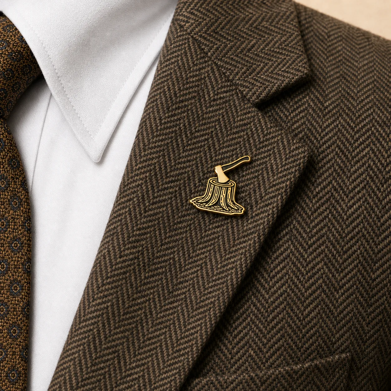 Boniface 2.0 lapel pin worn on the brown herringbone sport coat