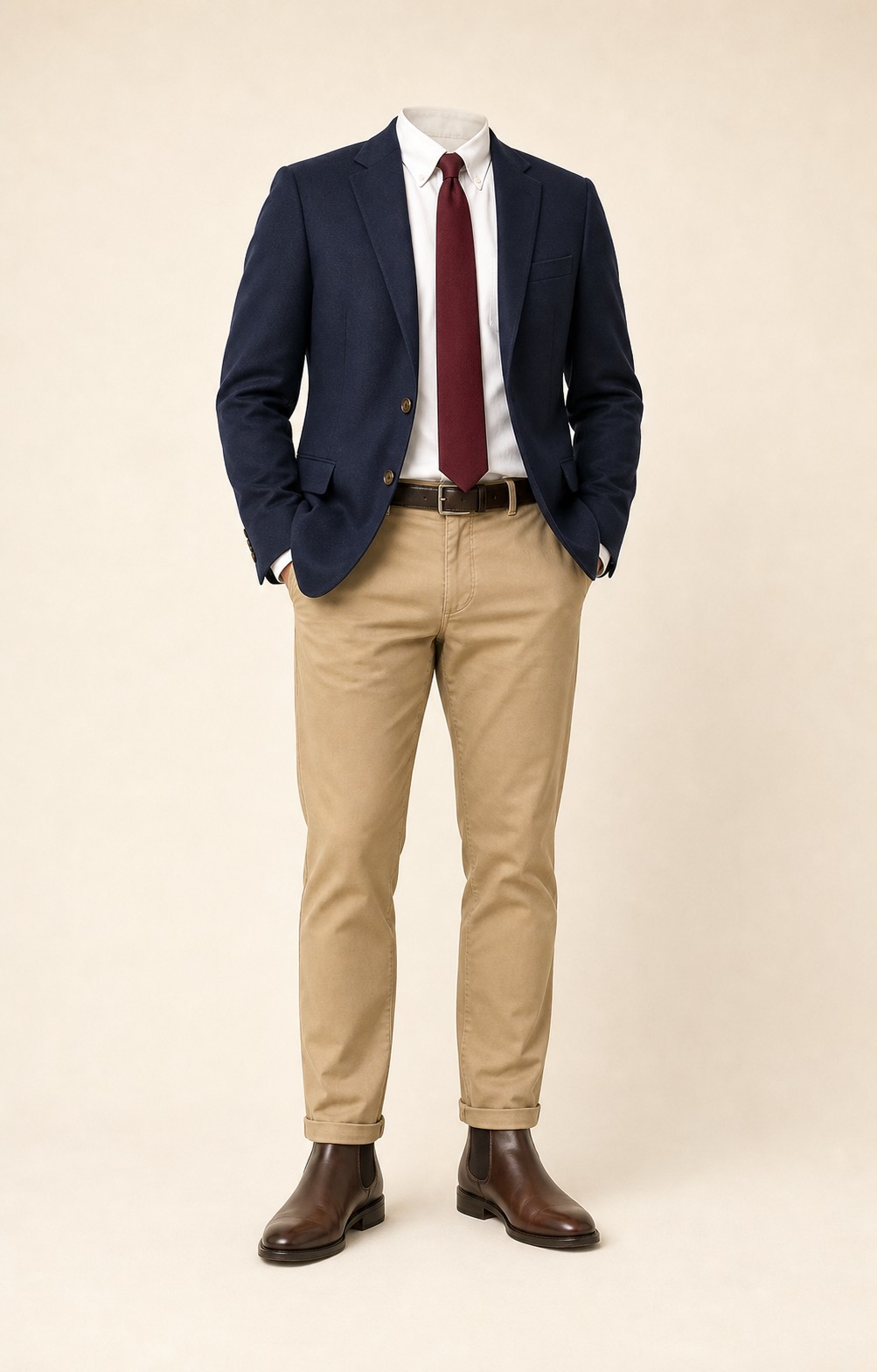 The Foundation: Navy blazer, Khaki chinos, White Oxford shirt, Burgundy tie, dark brown belt, and brown Chelsea boots.