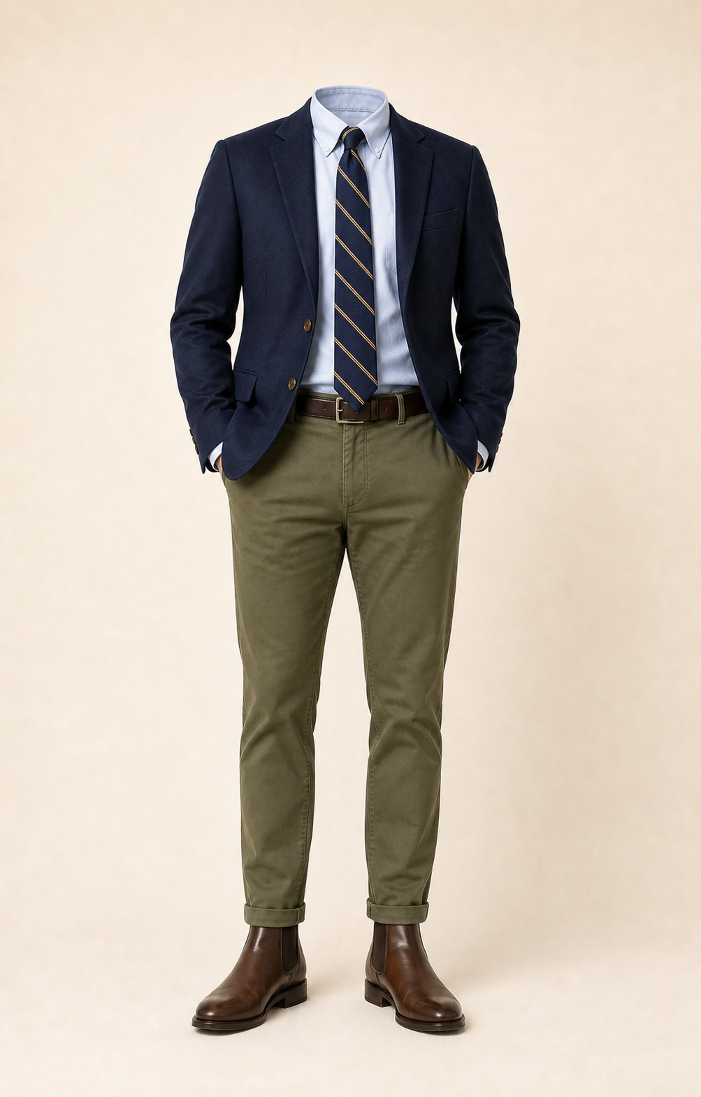 Navy and Olive Classic: Navy blazer, Olive chinos, Light blue Oxford shirt, Navy/gold repp stripe tie, dark brown belt, and brown Chelsea boots.