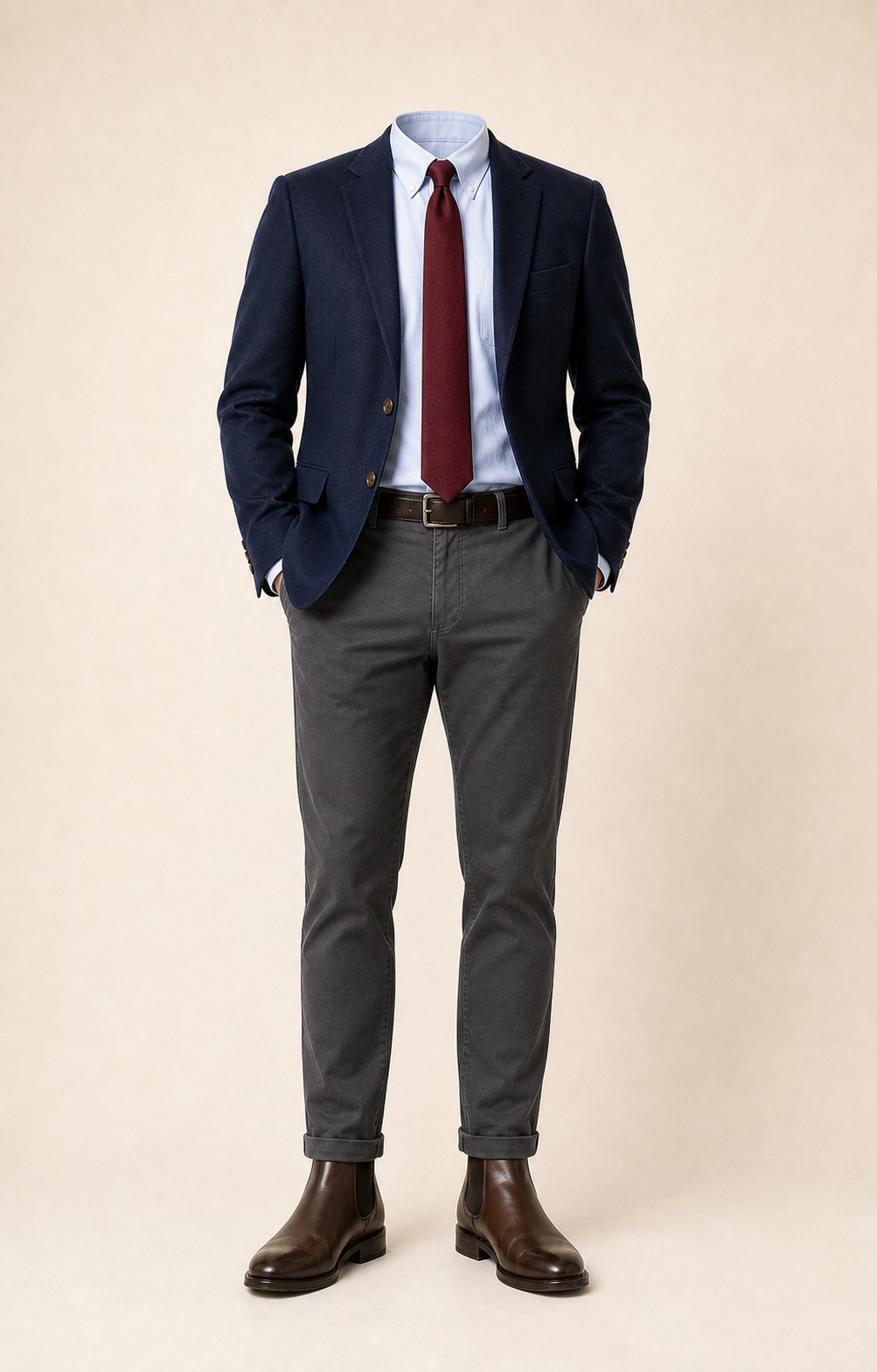 Simple and Sharp: Navy blazer, Charcoal gray chinos, Light blue Oxford shirt, Burgundy tie, dark brown belt, and brown Chelsea boots.