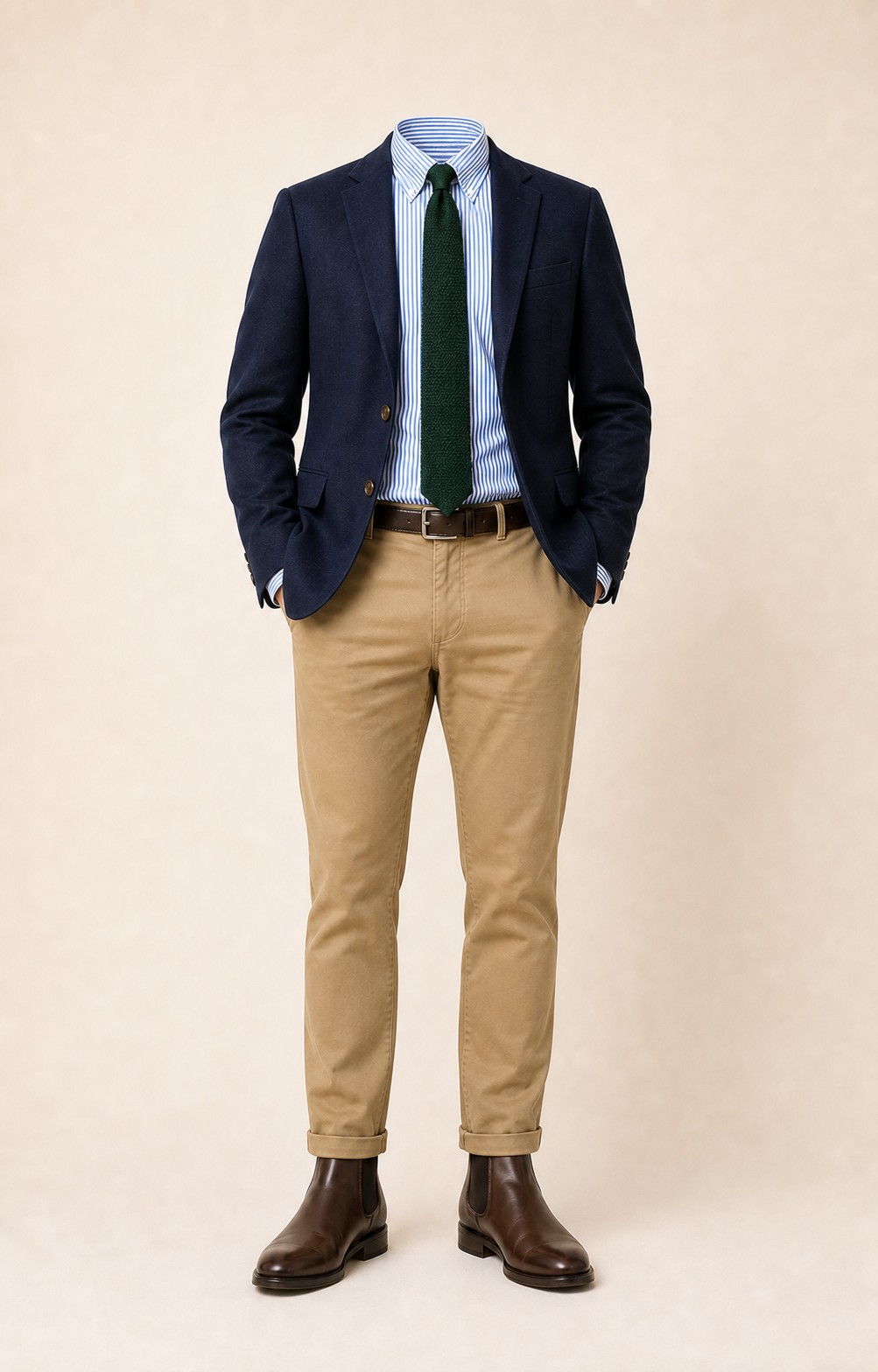 Spring Session: Navy blazer, Khaki chinos, Blue/white stripe Oxford shirt, Forest green knit tie, dark brown belt, and brown Chelsea boots.