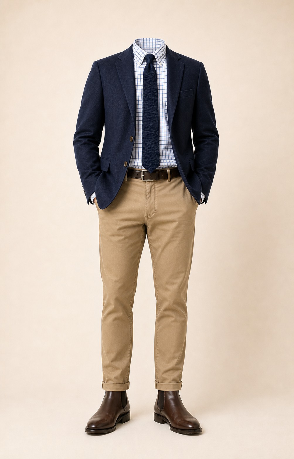Navy Check Sunday: Navy blazer, Khaki chinos, White/blue check Oxford shirt, Navy knit tie, dark brown belt, and brown Chelsea boots.