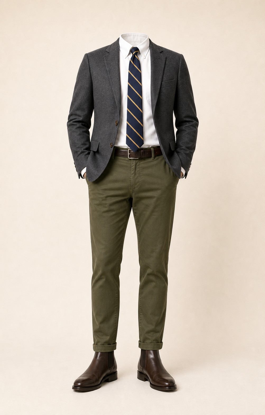 Gray and Olive Repp: Gray blazer, Olive chinos, White Oxford shirt, Navy/gold repp stripe tie, dark brown belt, and brown Chelsea boots.