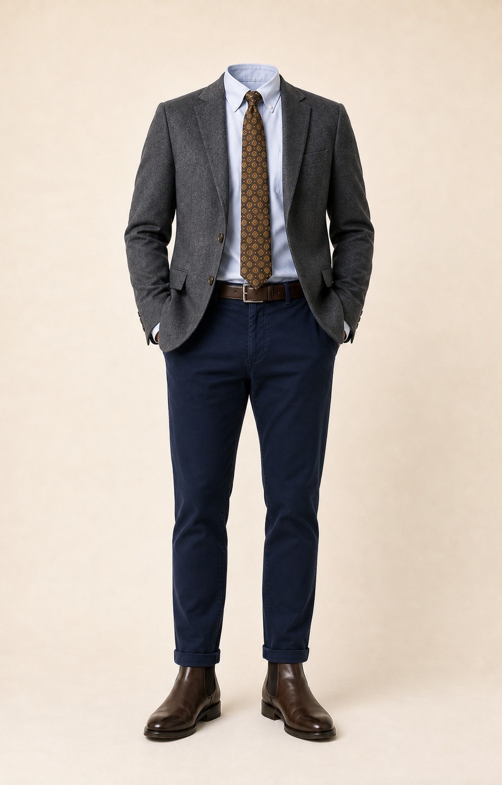 Slate and Navy: Gray blazer, Navy chinos, Light blue Oxford shirt, Brown/gold patterned tie, dark brown belt, and brown Chelsea boots.