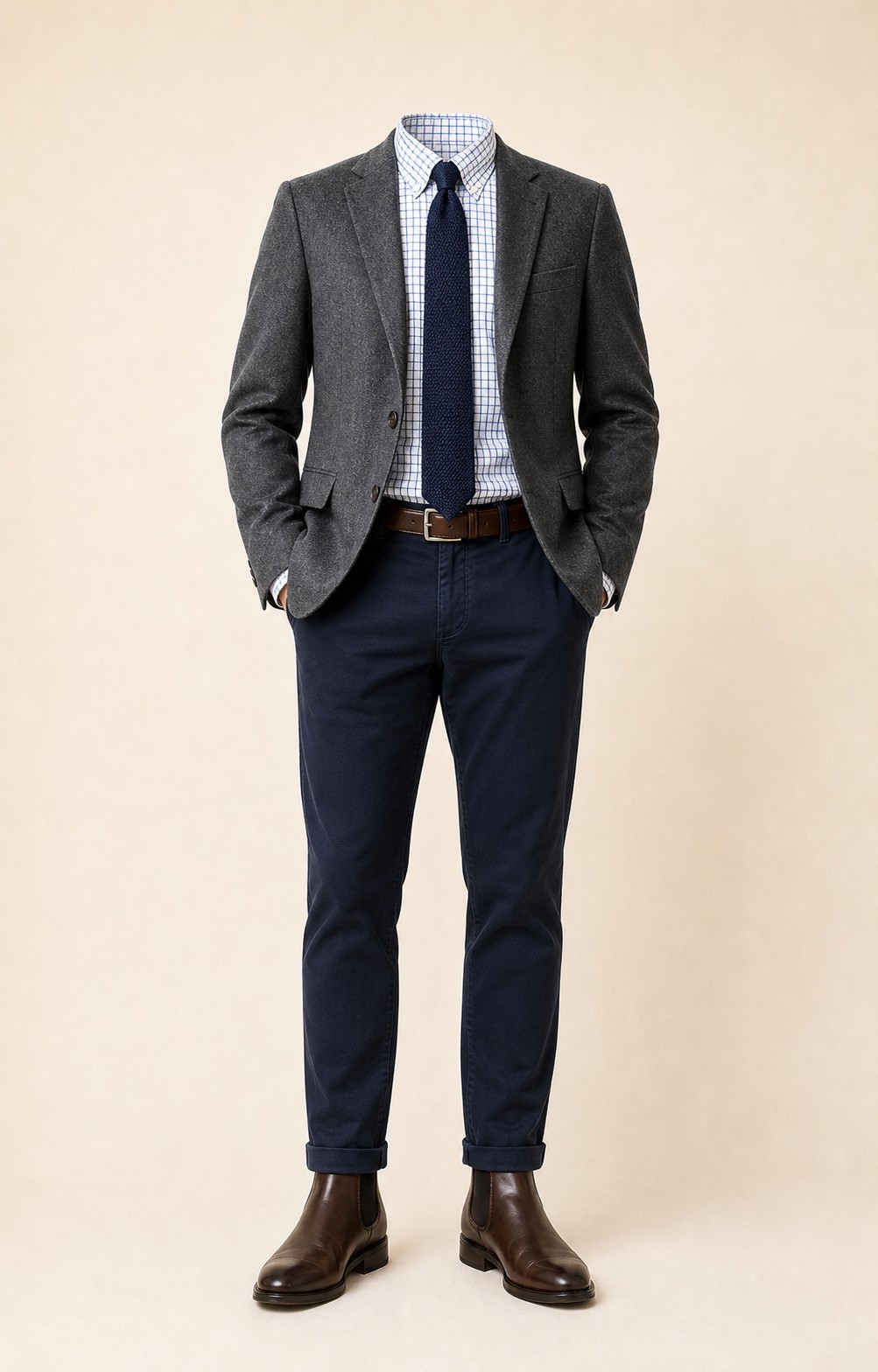 Check and Navy: Gray blazer, Navy chinos, White/blue check Oxford shirt, Navy knit tie, dark brown belt, and brown Chelsea boots.
