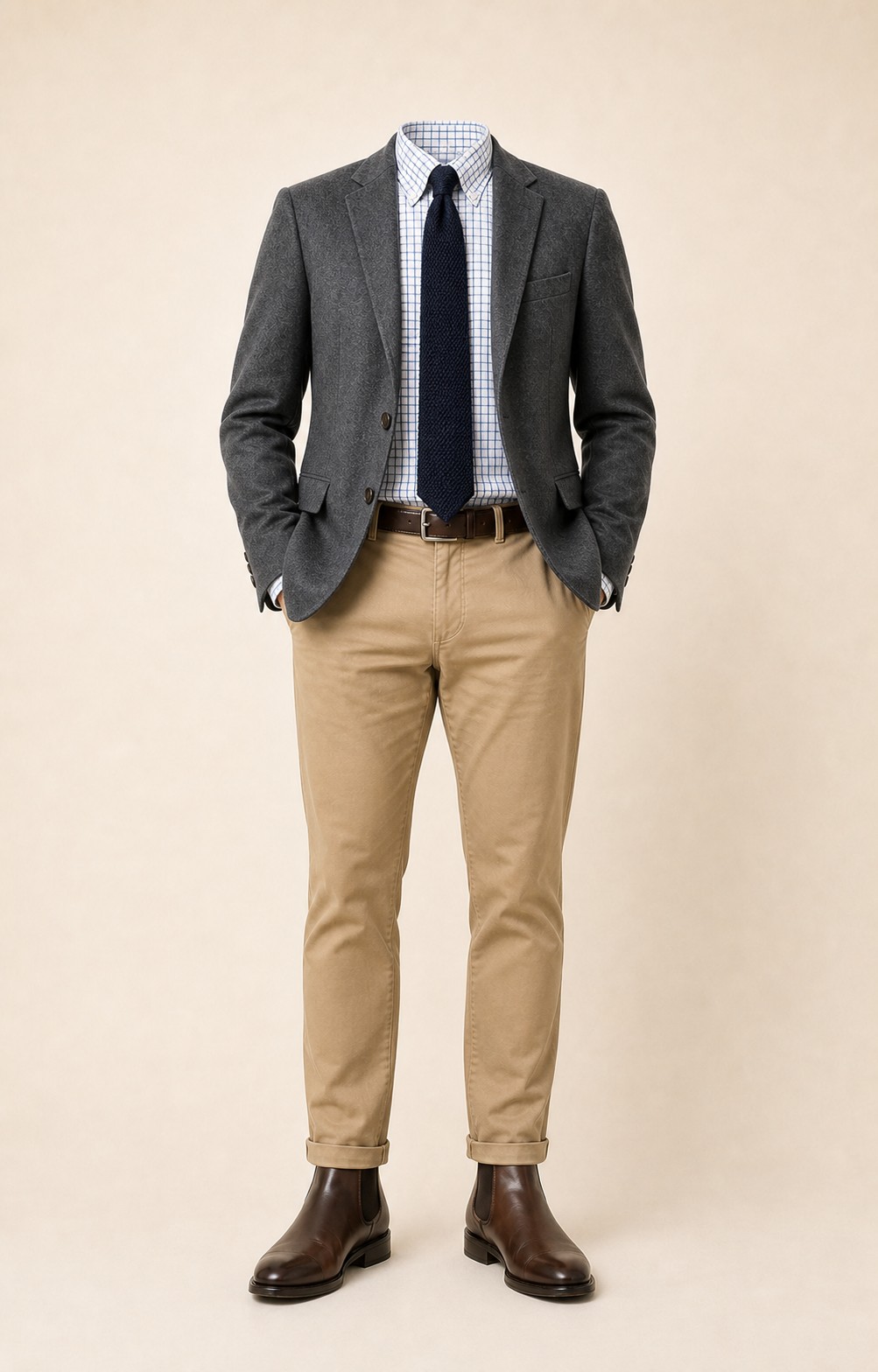 Gray Check Sunday: Gray blazer, Khaki chinos, White/blue check Oxford shirt, Navy knit tie, dark brown belt, and brown Chelsea boots.