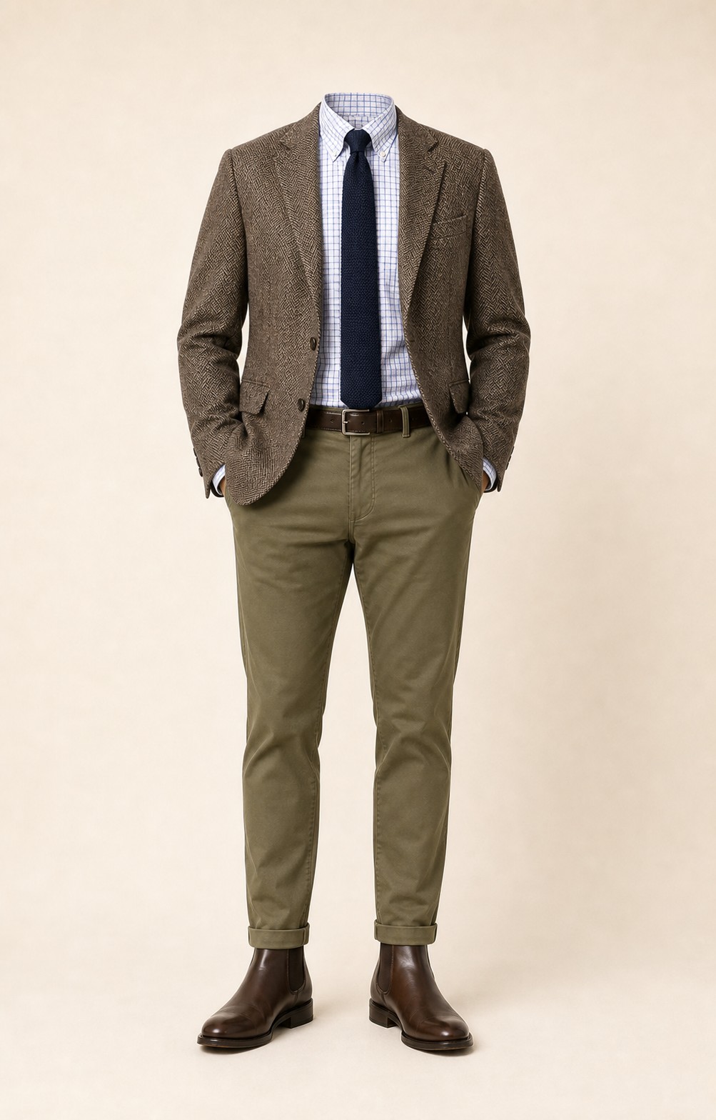 Herringbone Heritage: Brown herringbone sport coat, Olive chinos, White/blue check Oxford shirt, Navy knit tie, dark brown belt, and brown Chelsea boots.