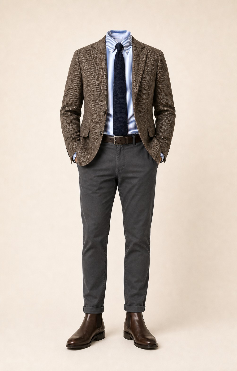Brown and Charcoal Texture: Brown herringbone sport coat, Charcoal gray chinos, Blue/white stripe Oxford shirt, Navy knit tie, dark brown belt, and brown Chelsea boots.