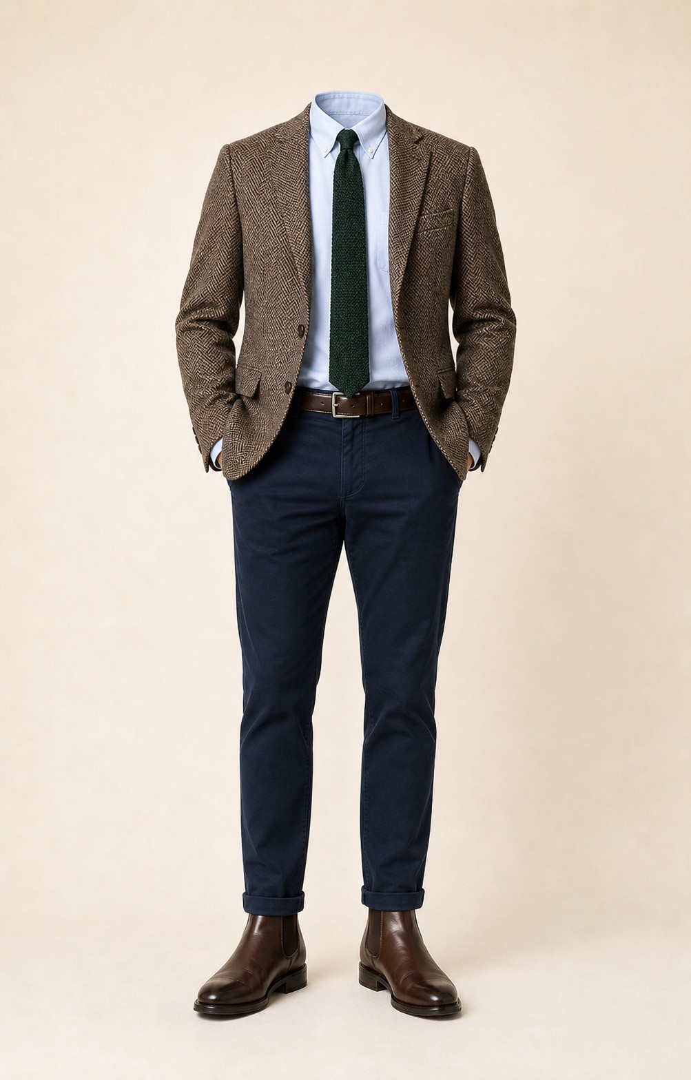 Brown and Navy Depth: Brown herringbone sport coat, Navy chinos, Light blue Oxford shirt, Forest green knit tie, dark brown belt, and brown Chelsea boots.