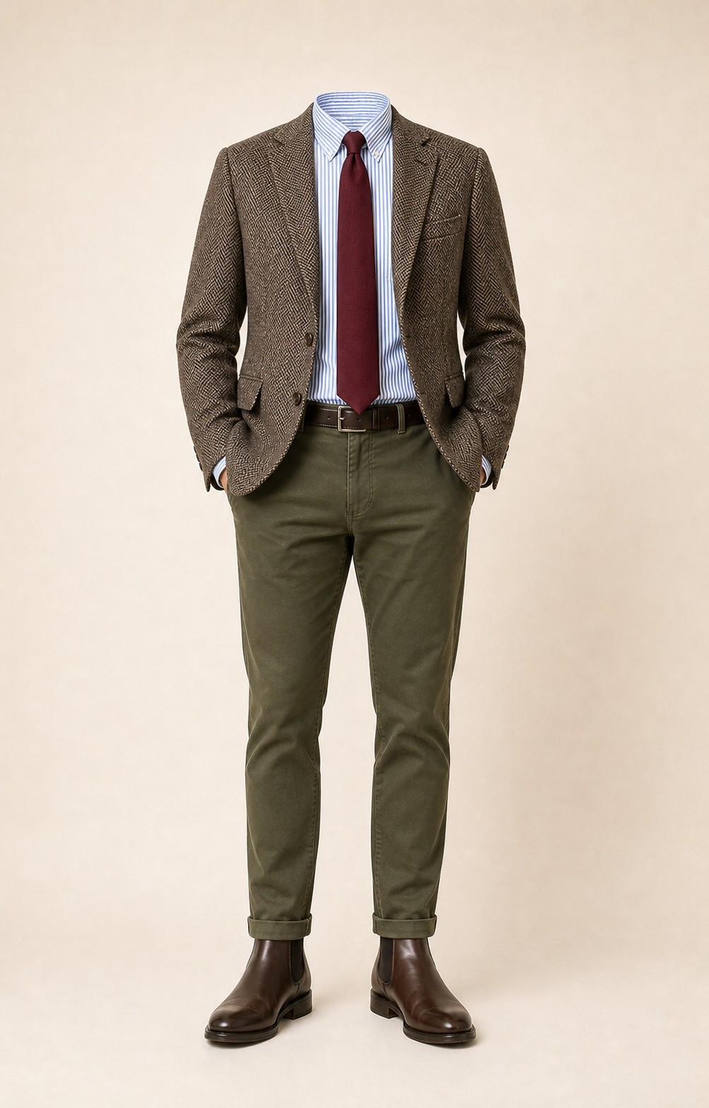 Country Church Burgundy: Brown herringbone sport coat, Olive chinos, Blue/white stripe Oxford shirt, Burgundy tie, dark brown belt, and brown Chelsea boots.