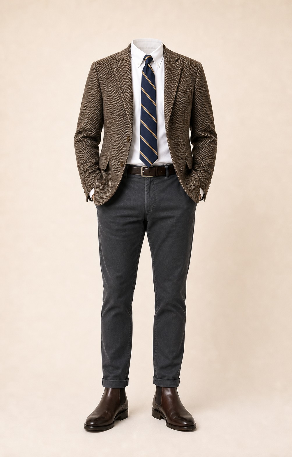 Heritage Contrast: Brown herringbone sport coat, Charcoal gray chinos, White Oxford shirt, Navy/gold repp stripe tie, dark brown belt, and brown Chelsea boots.
