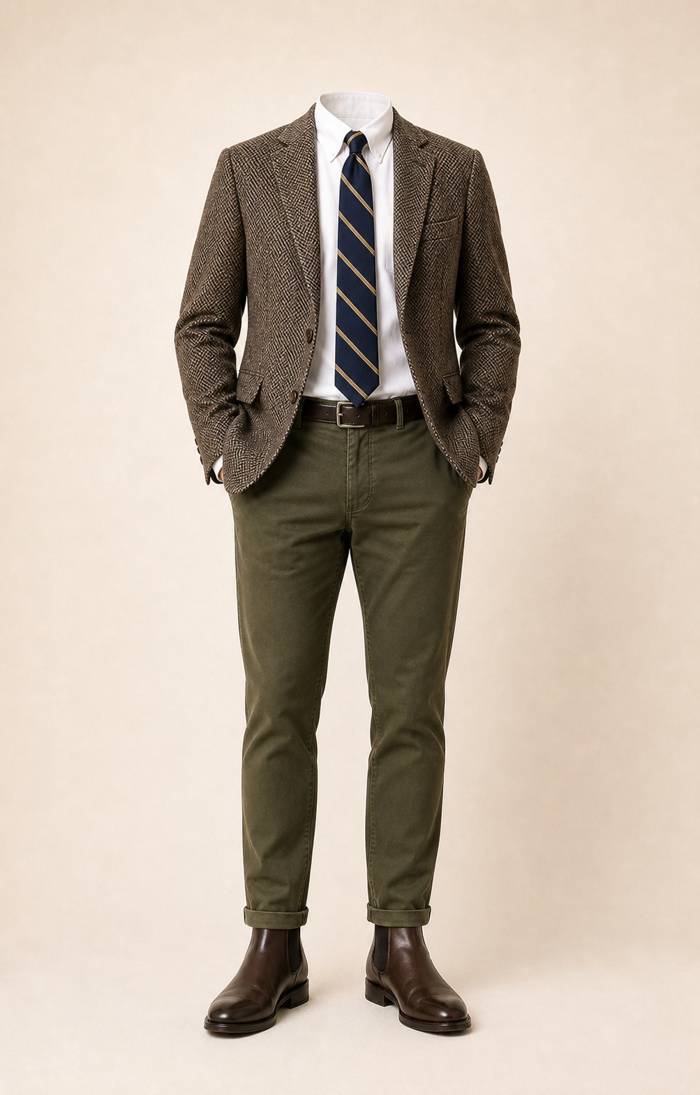 Brown and Olive Staple: Brown herringbone sport coat, Olive chinos, White Oxford shirt, Navy/gold repp stripe tie, dark brown belt, and brown Chelsea boots.