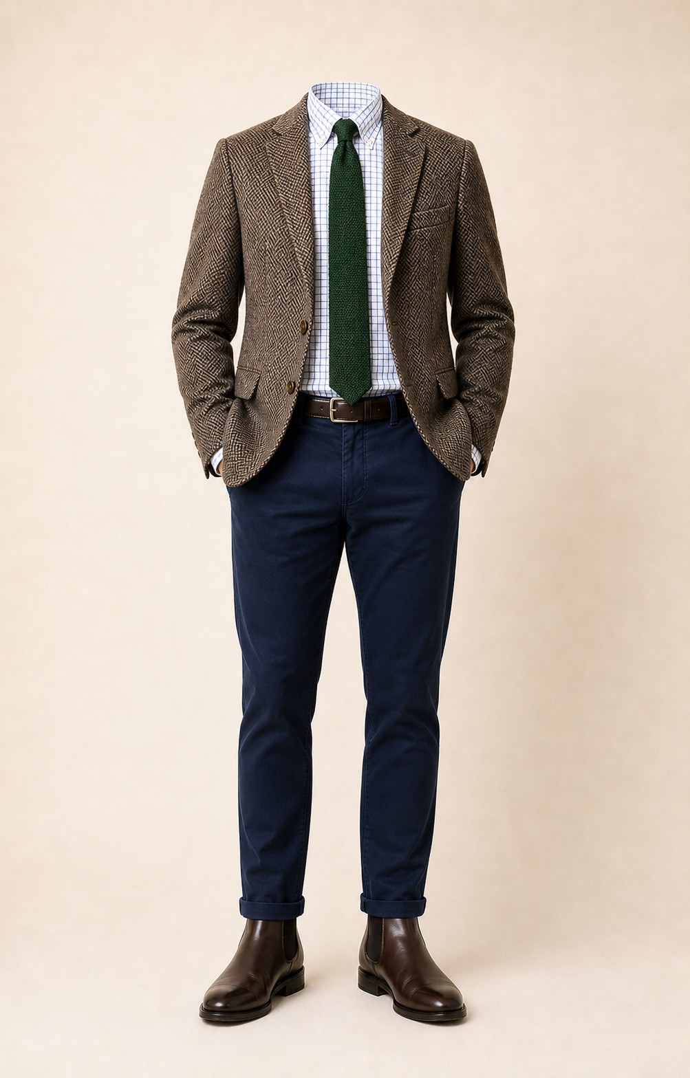 Winter Heritage: Brown herringbone sport coat, Navy chinos, White/blue check Oxford shirt, Forest green knit tie, dark brown belt, and brown Chelsea boots.